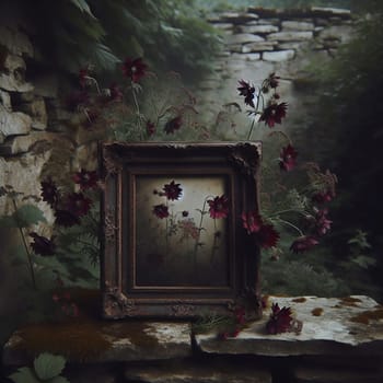A dark and moody still life featuring a dark wooden frame surrounding a painting of dark flowers, set against a stone wall backdrop. High quality AI-generated photo.