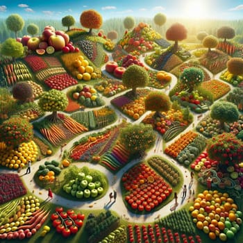 An illustration of a winding path through a hill filled with a variety of fruits and vegetables. High quality AI-generated photo.