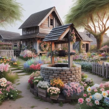 A whimsical illustration of a stone well surrounded by colorful flowers, situated next to a charming wooden cottage. High quality AI-generated photo.