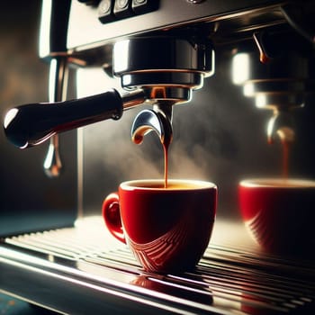 Espresso pouring from an espresso machine into a red cup. High quality AI-generated photo.