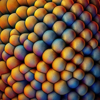 A close-up image of a textured surface with numerous small, rounded shapes in shades of gold, blue, and purple, resembling a microscopic view of cells. High quality AI-generated photo.