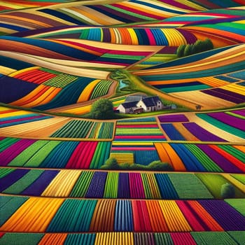An aerial view of a landscape with fields of various colors forming a vibrant, geometric pattern. High quality AI-generated photo.