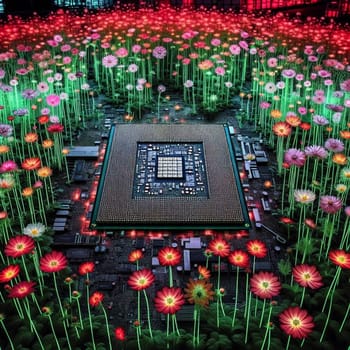 A computer processor chip surrounded by glowing flowers, representing the intersection of nature and technology. High quality AI-generated photo.