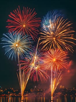 A breathtaking fireworks display lights up the night sky over a city, reflecting beautifully in the water below. The vibrant colors create an unforgettable spectacle.