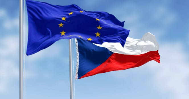 Close-up of national flag of Czech Republic waving in the wind with European Union flag on a clear day. 3d illustration render. Rippling fabric. Selective focus