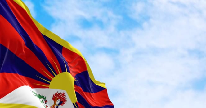 Close-up of Tiber flag waving in in the wind on a clear day. Chinese autonomous region. 3d illustration render. Selective focus