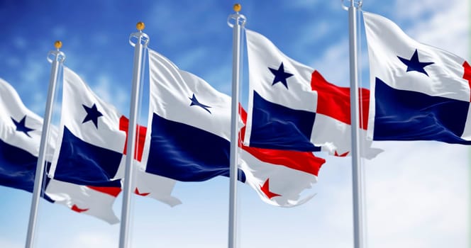 Panama national flags waving in the wind on a clear day. The Republic of Panama is a State of Central America. Rippled fabric. Selective focus. 3d illustration render. Selective focus