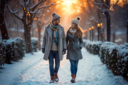 A romantic couple enjoys a walk in a snowy park during sunset. Dressed warmly in winter coats, scarves, and hats, they are surrounded by softly falling snow and illuminated by warm streetlights. Winter romance, outdoor activities, and seasonal lifestyle