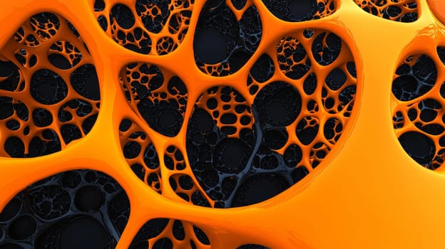 A vivid abstract background rendered in 3D, featuring the energetic contrast of orange and black. The design exhibits depth, texture, and modern aesthetics, making it ideal for visual presentations, creative projects, or digital art themes that emphasize boldness and innovation.