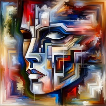 An abstract portrait of a woman's face, created with geometric shapes and vibrant colors, representing the intersection of technology and humanity. High quality AI-generated photo.