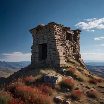 Ruins of an ancient stone structure atop a hill, with red wildflowers in the foreground and a mountainous backdrop. High quality AI-generated photo.