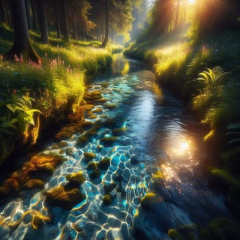 A serene stream flowing through a lush forest, with sunlight streaming through the trees and illuminating the crystal-clear water and rocks. High quality AI-generated photo.