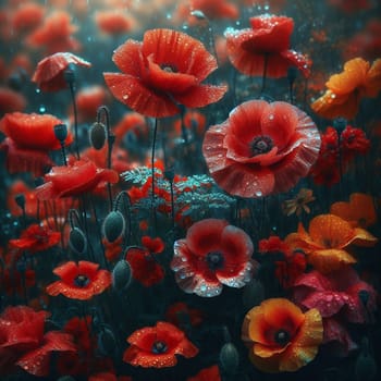 A field of red poppies glistening with rain, illuminated by soft, diffused light, creating a moody and atmospheric scene. High quality AI-generated photo.