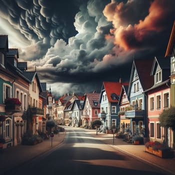 A picturesque street lined with colorful houses under a dramatic, stormy sky, creating a contrasting and captivating scene. High quality AI-generated photo.
