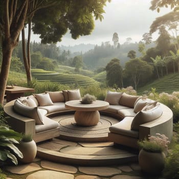 A circular outdoor seating area with a low table, set in a lush green landscape overlooking terraced rice paddies. High quality AI-generated photo.