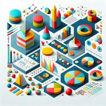 An abstract isometric illustration featuring a collection of colorful charts, graphs, and geometric shapes, representing data visualization and business analytics. High quality AI-generated photo.