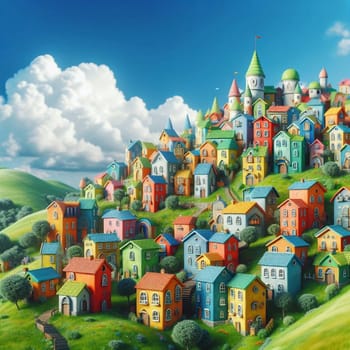 A whimsical illustration of a colorful town built on a hillside, with fanciful houses and a castle at the top. High quality AI-generated photo.