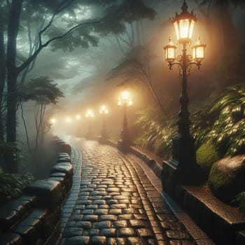 A winding cobblestone path illuminated by vintage-style lampposts at night, creating a magical and atmospheric scene. High quality AI-generated photo.