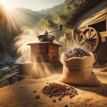 A rustic coffee grinder and burlap sack of coffee beans at a coffee plantation, with sun rays streaming through the mist and a river in the background. High quality AI-generated photo.