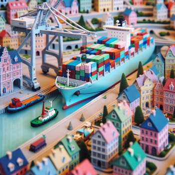 A detailed miniature model of a harbor scene with a container ship, tugboats, and colorful houses, representing global trade and shipping. High quality AI-generated photo.