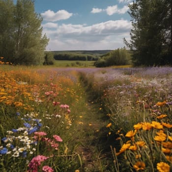 A path through a vibrant wildflower meadow with a variety of colors and textures. High quality AI-generated photo.