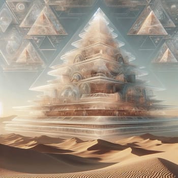 A surreal digital rendering of a layered, translucent pyramid structure in a desert landscape, combining ancient and futuristic elements. High quality AI-generated photo.