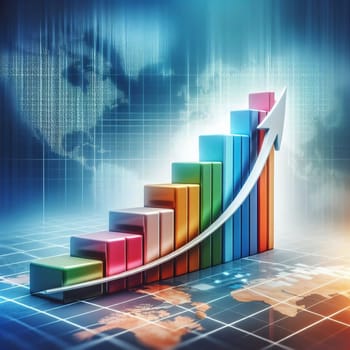 A 3D rendering of a colorful ascending bar graph with an upward-pointing arrow, symbolizing growth and success, set against a world map background. High quality AI-generated photo.