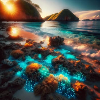 A breathtaking coastal scene at sunset with glowing bioluminescent coral and ocean waves on a rocky shore. High quality AI-generated photo.