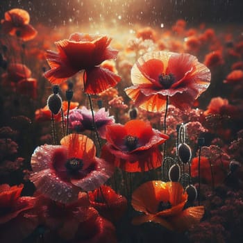 A field of red poppies glistening with rain, illuminated by warm sunlight. High quality AI-generated photo.