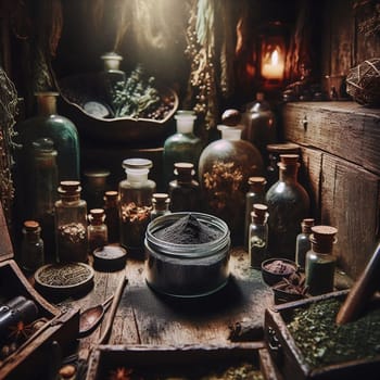 A dark and moody still life image featuring a glass jar of dark powder surrounded by various herbs, spices, and apothecary bottles in a dimly lit setting. High quality AI-generated photo.