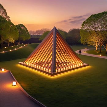 A modern, illuminated wooden pyramid structure in a park setting at sunset, representing contemporary architecture and design. High quality AI-generated photo.