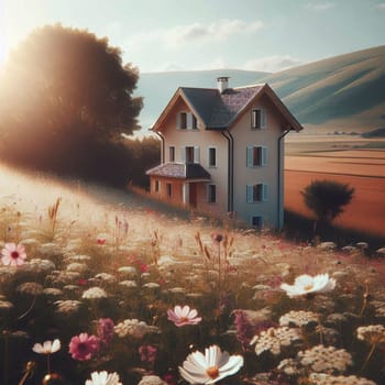 A modern house nestled in a field of wildflowers, with a mountain range in the background and sunlit atmosphere. High quality AI-generated photo.