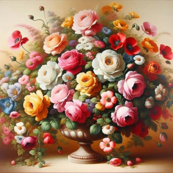 A large still life oil painting of a lavish arrangement of colorful flowers in an ornate vase. High quality AI-generated photo.