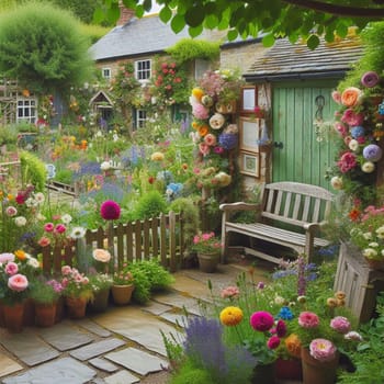 A charming cottage garden with a variety of colorful flowers, a wooden bench, and stone pathway, creating a peaceful and idyllic setting. High quality AI-generated photo.