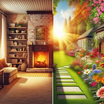 A split image showing a cozy living room with a fireplace on one side and a vibrant garden scene on the other, representing comfort and nature. High quality AI-generated photo.