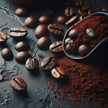 Close-up shot of roasted coffee beans and ground coffee powder in a black scoop, emphasizing texture and rich color. High quality AI-generated photo.