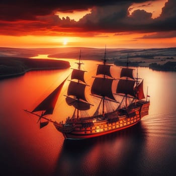 An aerial shot of a large sailing ship on a calm body of water at sunset, with dramatic clouds. High quality AI-generated photo.