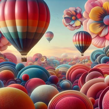 A whimsical digital illustration depicting hot air balloons floating above a colorful landscape of spheres and large flowers. High quality AI-generated photo.