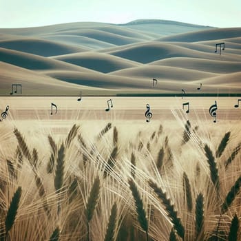 A field of wheat with musical notes superimposed, creating a peaceful and artistic image evoking a sense of harmony. High quality AI-generated photo.