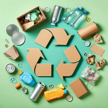 A flat lay image showing various recyclable materials arranged around a cardboard recycling symbol on a green background. High quality AI-generated photo.