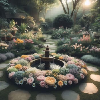 A circular fountain surrounded by a ring of pastel-colored flowers in a tranquil garden setting, with a stone path and lush greenery. High quality AI-generated photo.