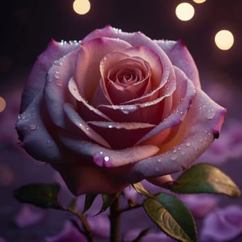 A single, dark pink rose with water droplets on its petals, set against a bokeh background of blurry lights. High quality AI-generated photo.