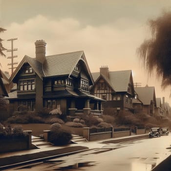 A vintage sepia-toned photograph of a residential street lined with elegant homes, featuring a classic car in the background. High quality AI-generated photo.