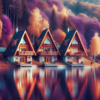 Three identical A-frame houses situated on a lakeshore, reflected in the calm water, with a colorful autumn forest backdrop. High quality AI-generated photo.