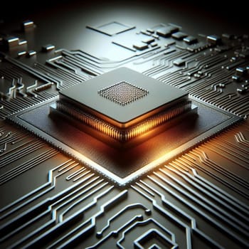 Close-up of a central processing unit (CPU) on a circuit board, with warm light emanating from beneath. High quality AI-generated photo.
