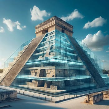 A 3D rendering of the Mayan pyramid of Kukulkan encased in a transparent glass structure, blending ancient and modern architecture. High quality AI-generated photo.