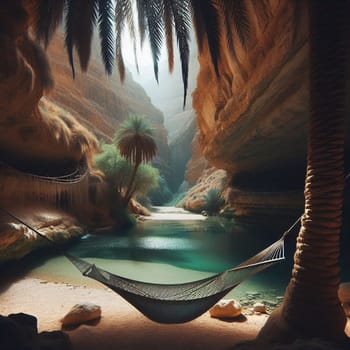 A hammock hangs between palm trees beside a tranquil oasis pool nestled within a dramatic desert canyon. High quality AI-generated photo.
