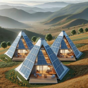 Three identical modern, pyramid-shaped houses with solar panels on a hillside, showcasing sustainable design and energy efficiency. High quality AI-generated photo.