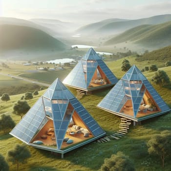 Three modern, pyramid-shaped houses with solar panels are situated on a lush green hillside overlooking a valley, showcasing sustainable architecture. High quality AI-generated photo.