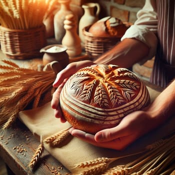 A baker's hands carefully hold a freshly baked artisan bread loaf with intricate leaf scoring, surrounded by wheat stalks and rustic bakery elements. High quality AI-generated photo.
